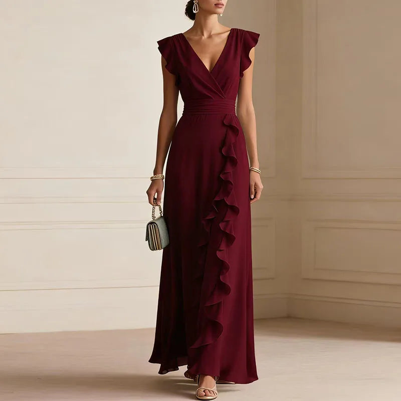 Patricia Ruffle Trim Deep V Maxi Dress | Women&