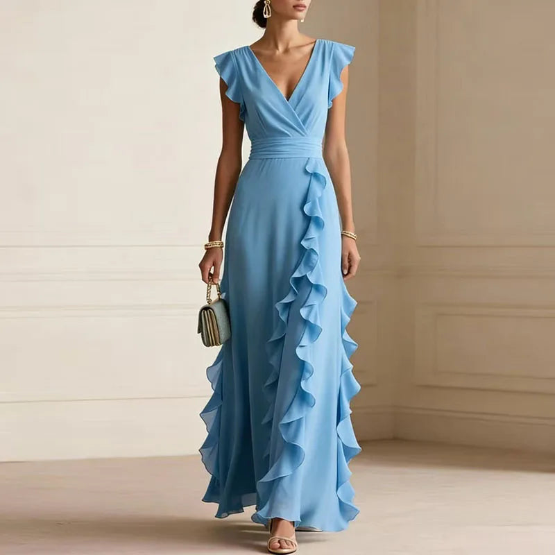 Patricia Ruffle Trim Deep V Maxi Dress | Women&