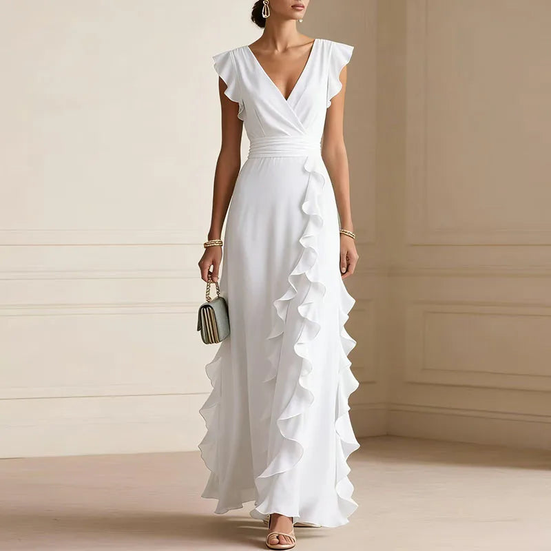 Patricia Ruffle Trim Deep V Maxi Dress | Women&