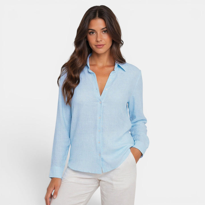 Navacava button-up shirt front view — relaxed feminine silhouette