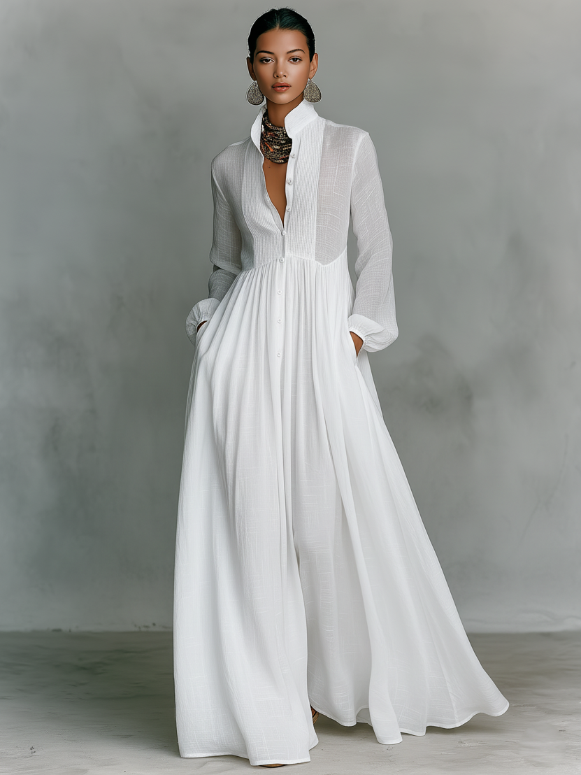 Maren Cotton-Linen Patchwork Stand-Collar Maxi Dress | Women&