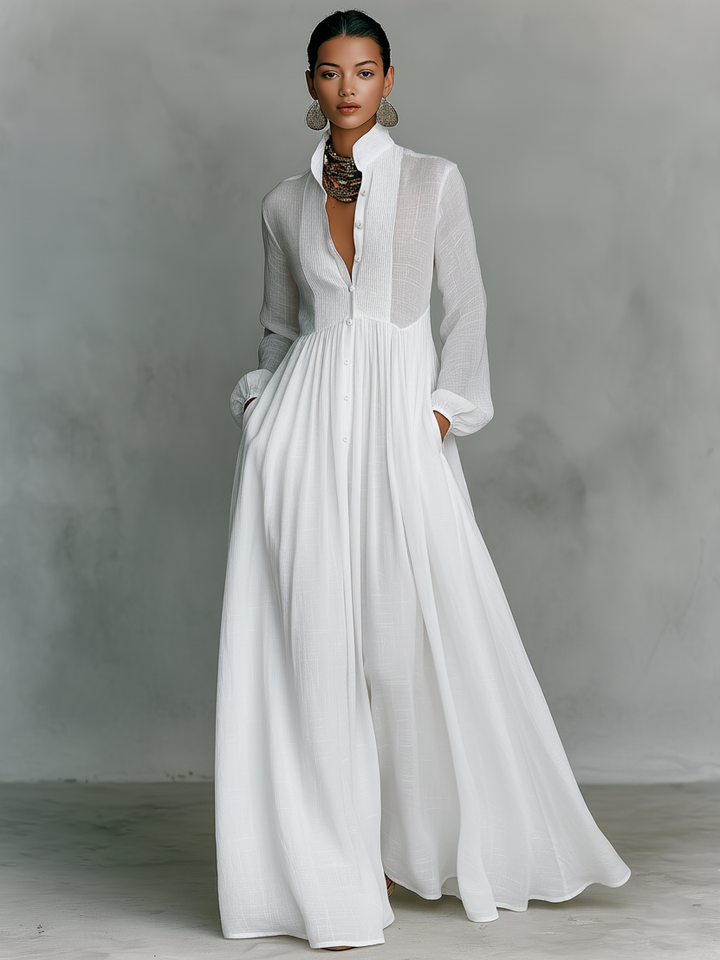 Maren Cotton-Linen Patchwork Stand-Collar Maxi Dress | Women&
