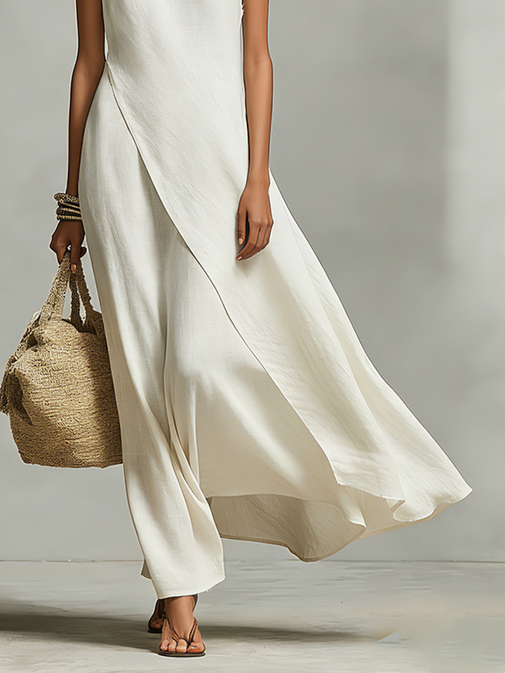 Ivory Linen Asymmetric Hem Sleeveless Maxi Dress | Women&