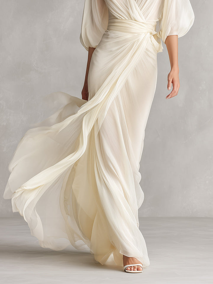 Eloise Ivory Sheer Chiffon Puff Sleeve Wrap Maxi Dress | Women&