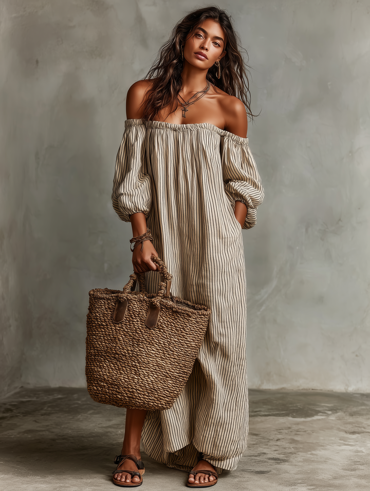 Breezy Off-Shoulder Cotton-Linen Vacation Maxi Dress | Women&