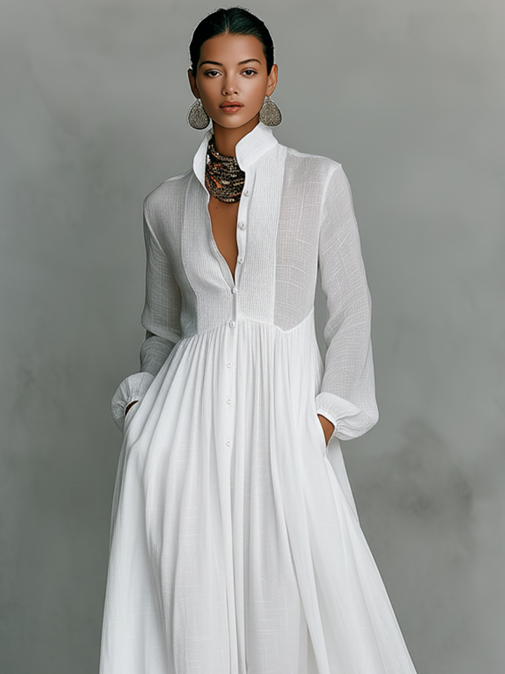 Maren Cotton-Linen Patchwork Stand-Collar Maxi Dress | Women&