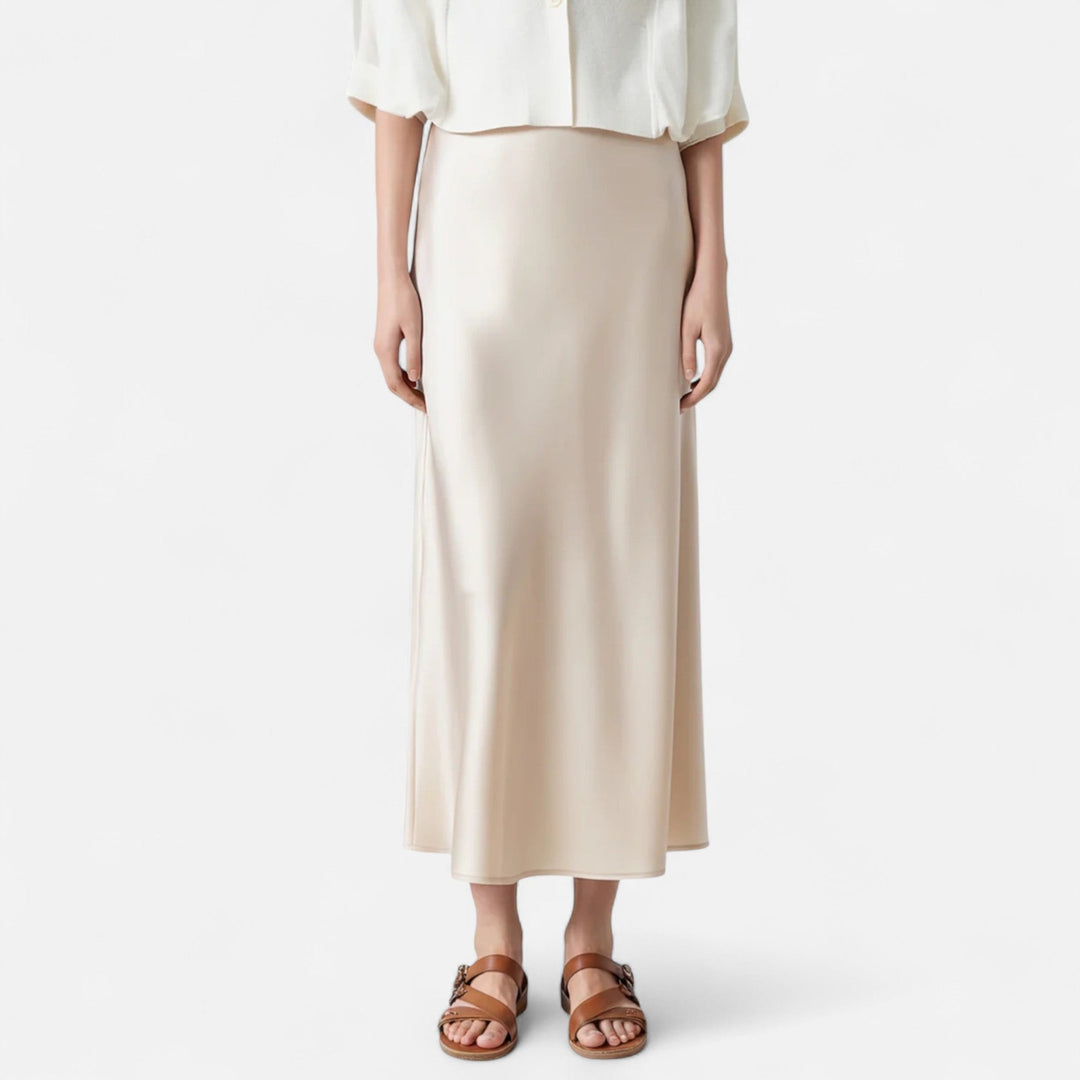 Navacava silk skirt front view — graceful flowing midi silhouette