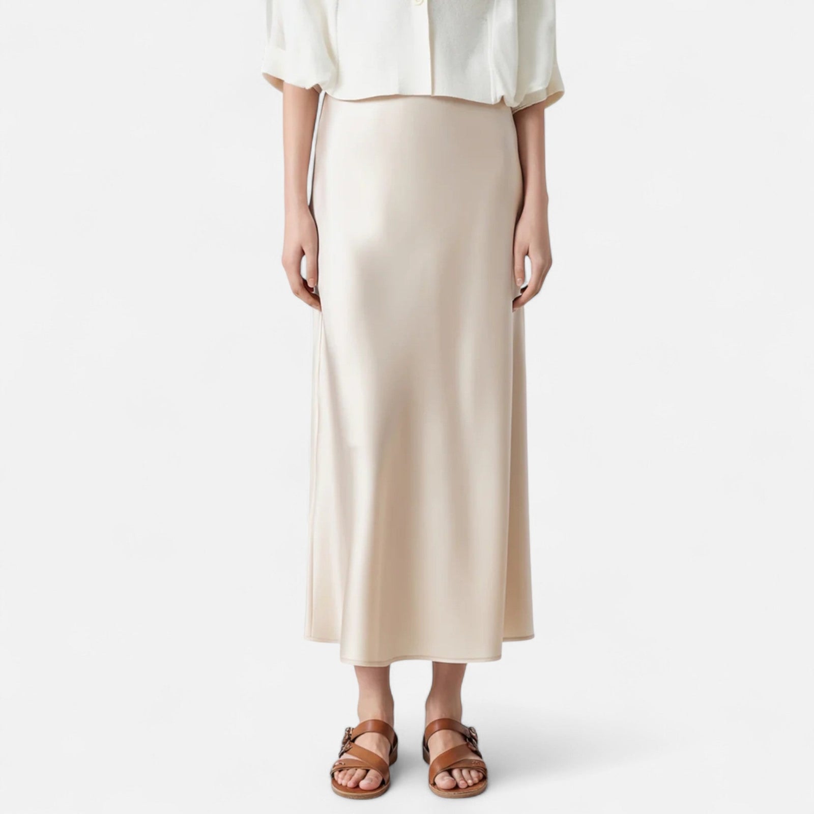 Navacava silk skirt front view — graceful flowing midi silhouette