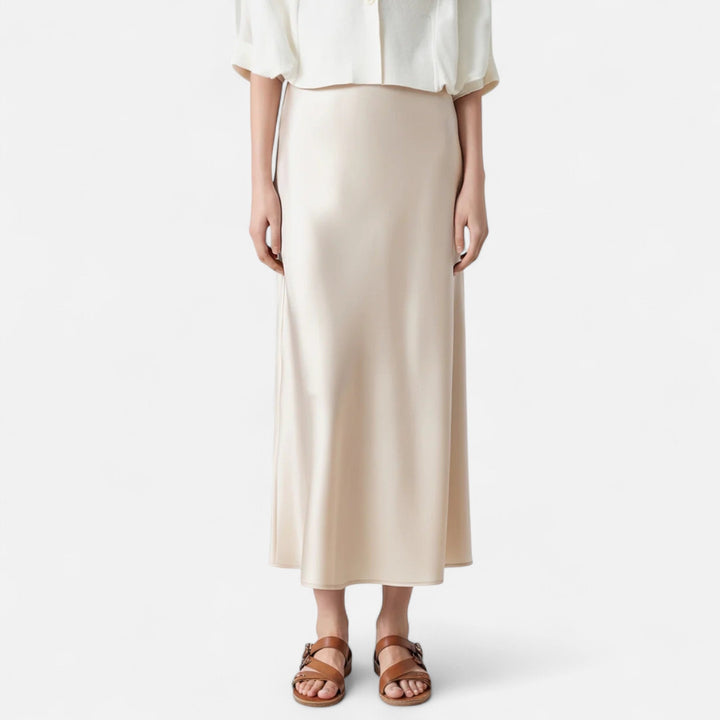 Navacava silk skirt front view — graceful flowing midi silhouette