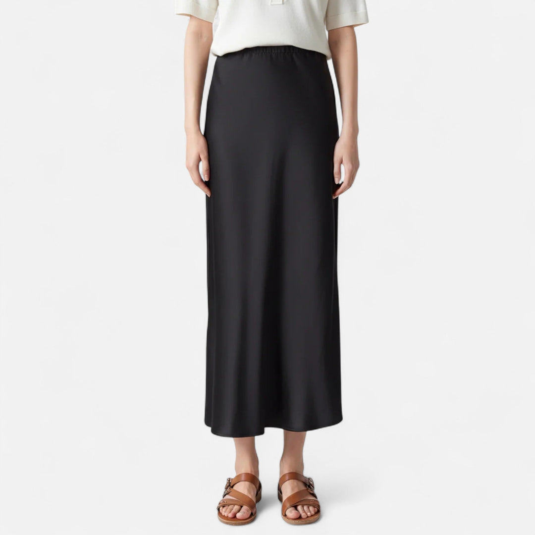 Navacava old money skirt back view — natural sheen and elegant drape