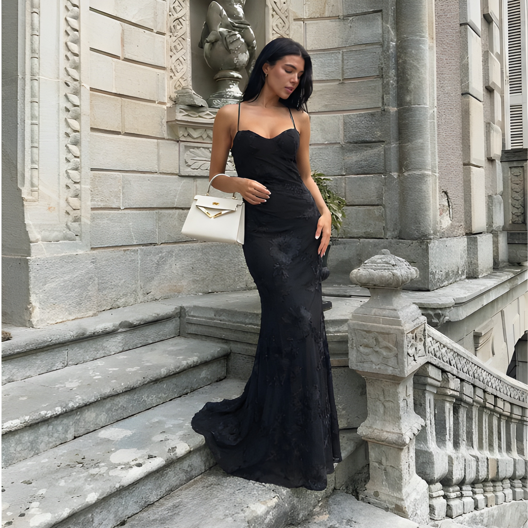 Navacava open back evening dress detail — dramatic old money statement