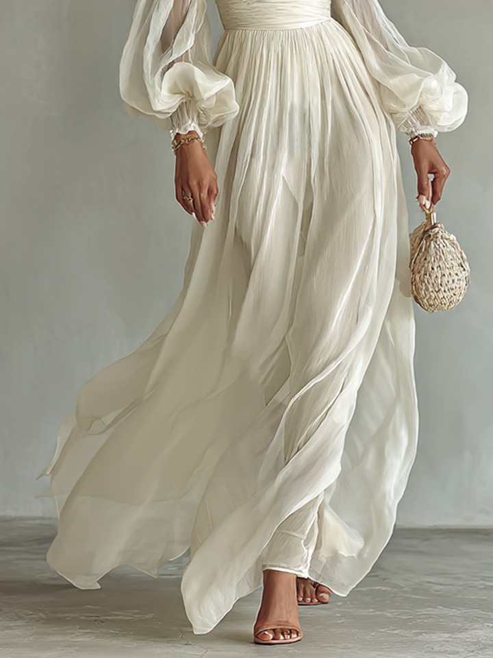 Celeste Chiffon Square-Neck Long Sleeve Waist-Cinch Maxi Dress | Women&