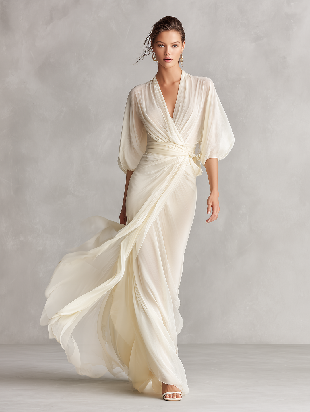 Eloise Ivory Sheer Chiffon Puff Sleeve Wrap Maxi Dress | Women&