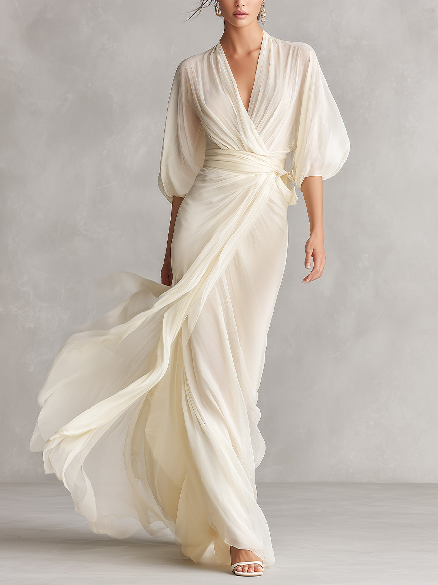 Eloise Ivory Sheer Chiffon Puff Sleeve Wrap Maxi Dress | Women&