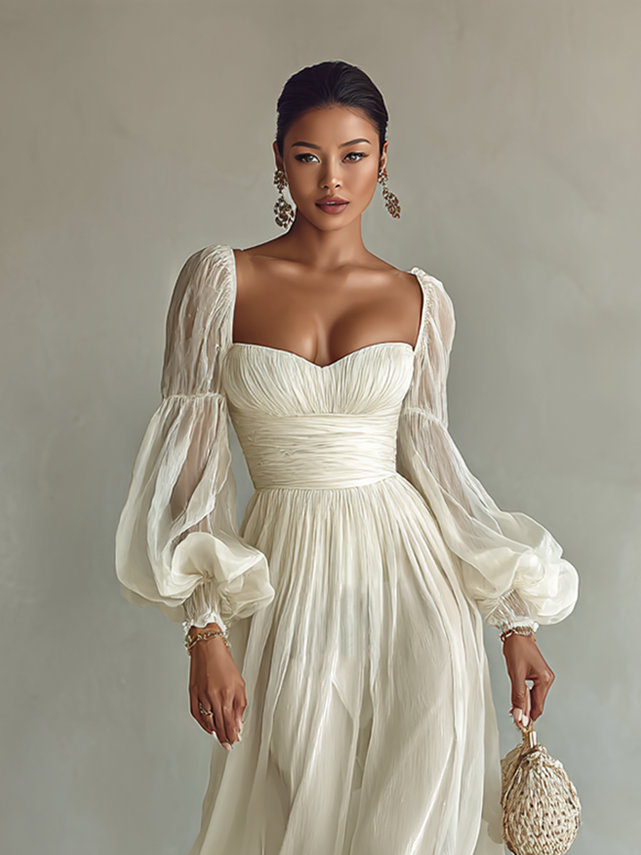 Celeste Chiffon Square-Neck Long Sleeve Waist-Cinch Maxi Dress | Women&