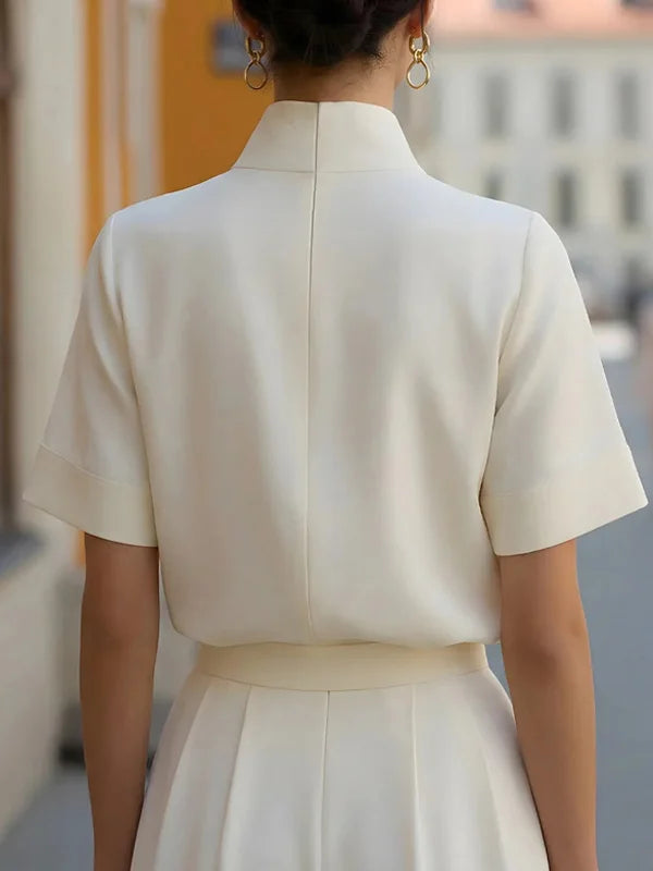 Miesuit Stand-collar Short-sleeved Top Split-hem Blended Fabric