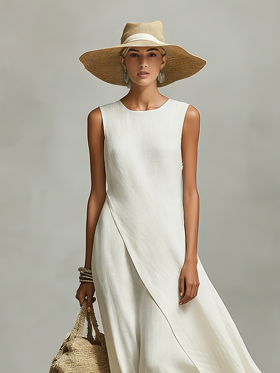 Ivory Linen Asymmetric Hem Sleeveless Maxi Dress | Women&