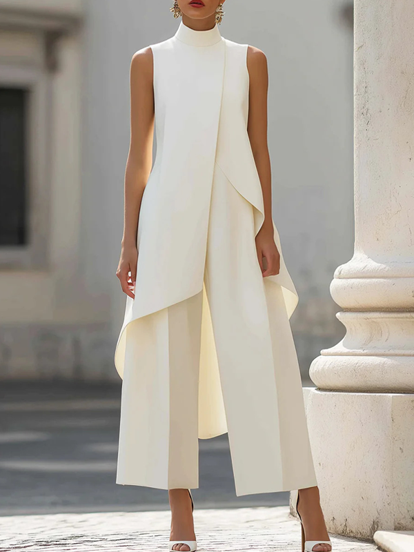 Miesuit Sleeveless High-Neck Tunic and Wide-Leg Trousers Suit