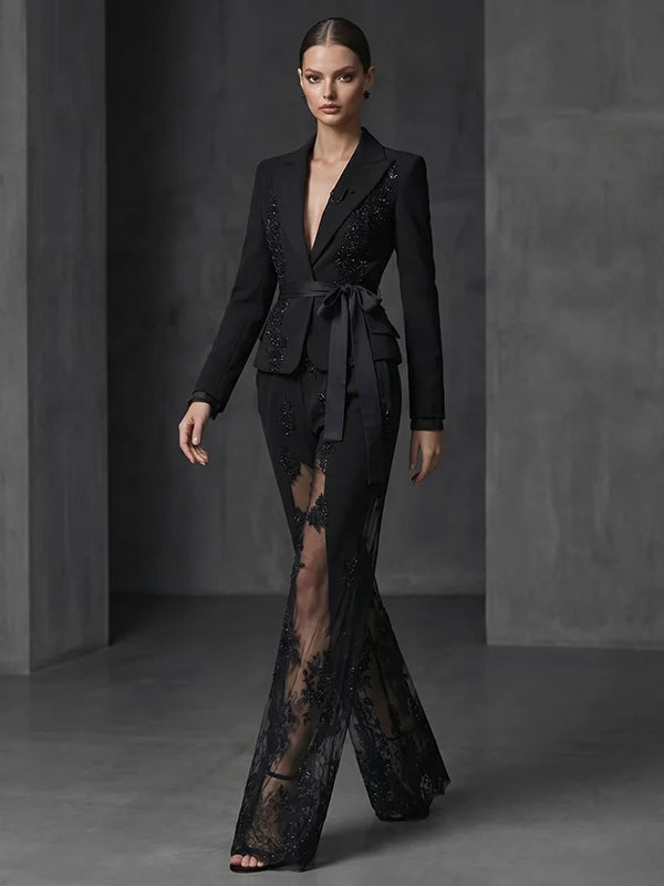 Miesuit Heavy Duty Lace-Trimmed Wide-Leg Blazer Pants 2-Piece Suit