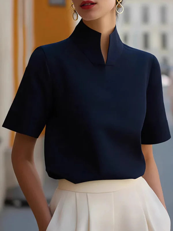 Miesuit Stand-collar Short-sleeved Top Split-hem Blended Fabric