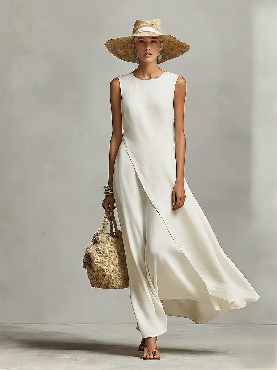 Ivory Linen Asymmetric Hem Sleeveless Maxi Dress | Women&