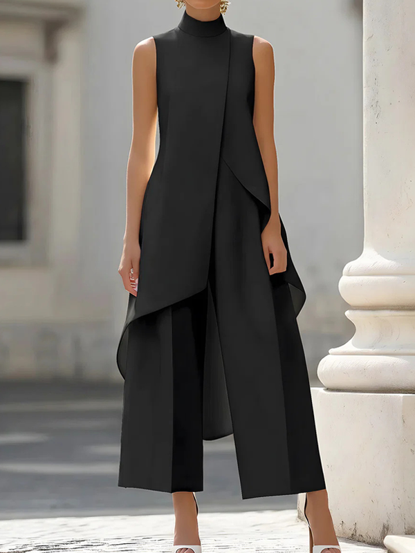 Miesuit Sleeveless High-Neck Tunic and Wide-Leg Trousers Suit