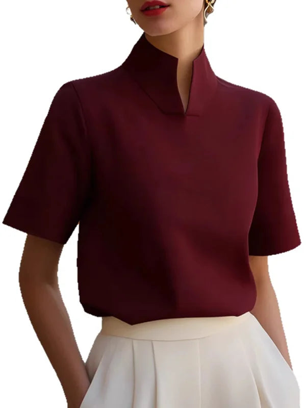 Miesuit Stand-collar Short-sleeved Top Split-hem Blended Fabric