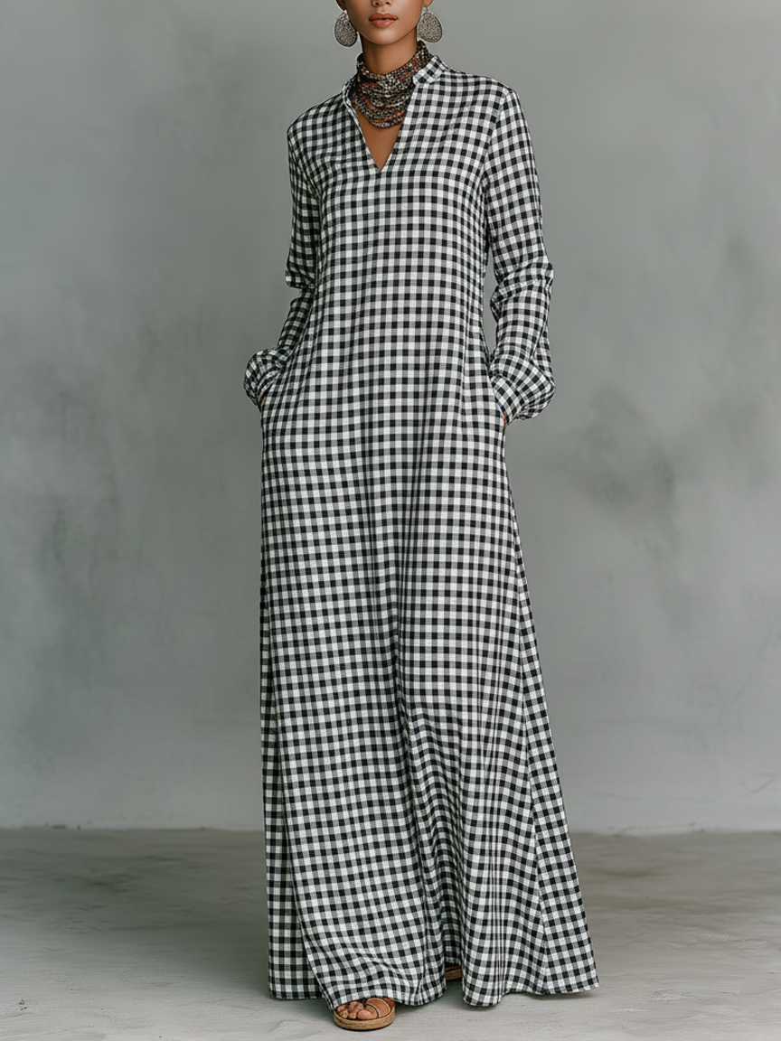 Waverly Cotton Plaid V-Neck Long Sleeve Maxi Dress | Women&