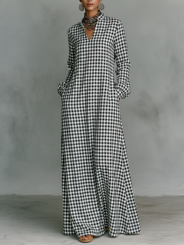 Waverly Cotton Plaid V-Neck Long Sleeve Maxi Dress | Women&