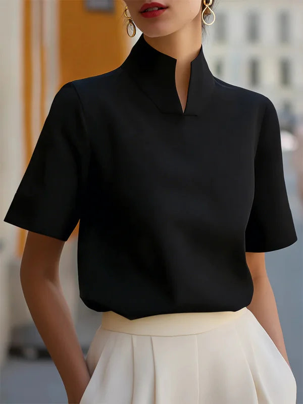 Miesuit Stand-collar Short-sleeved Top Split-hem Blended Fabric
