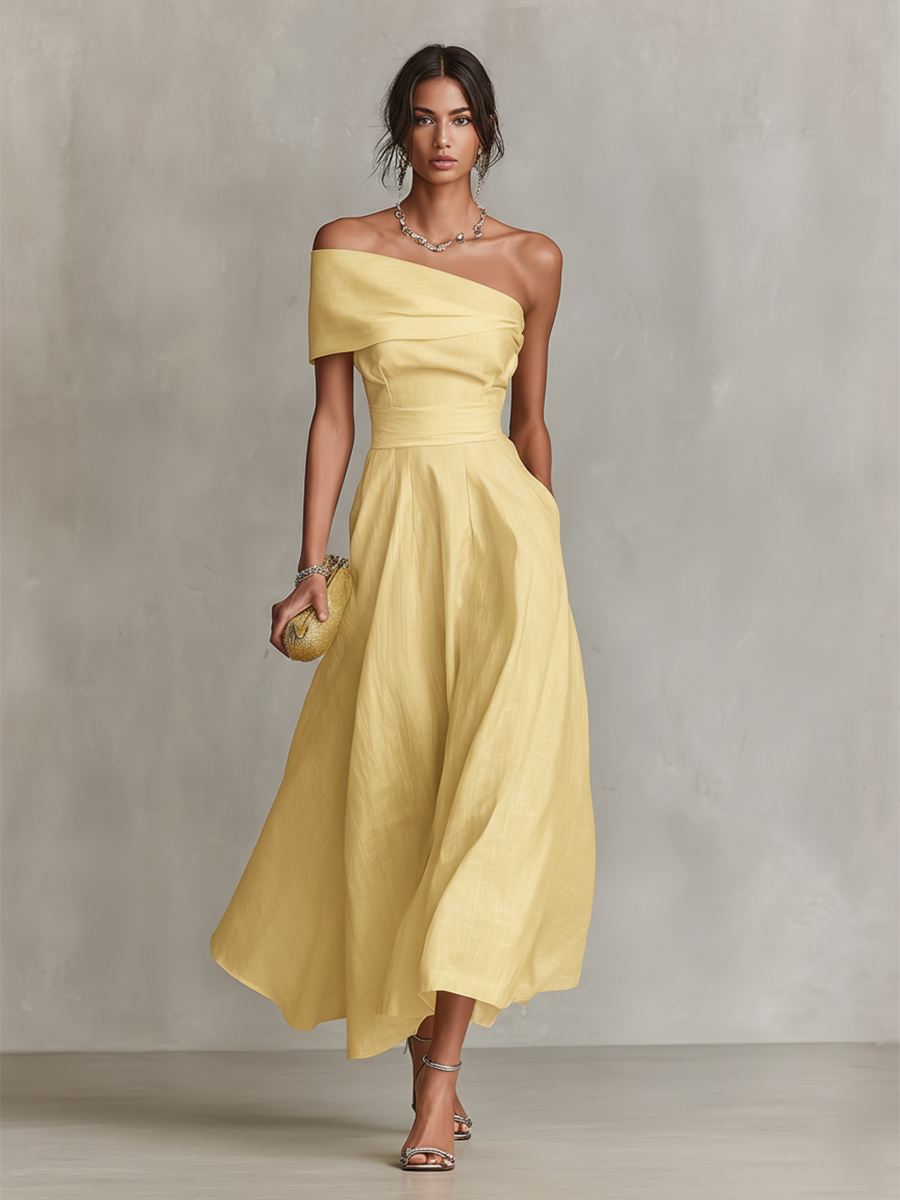 Soleil Yellow Linen One-Shoulder Fitted Waist Maxi Dress | Women&