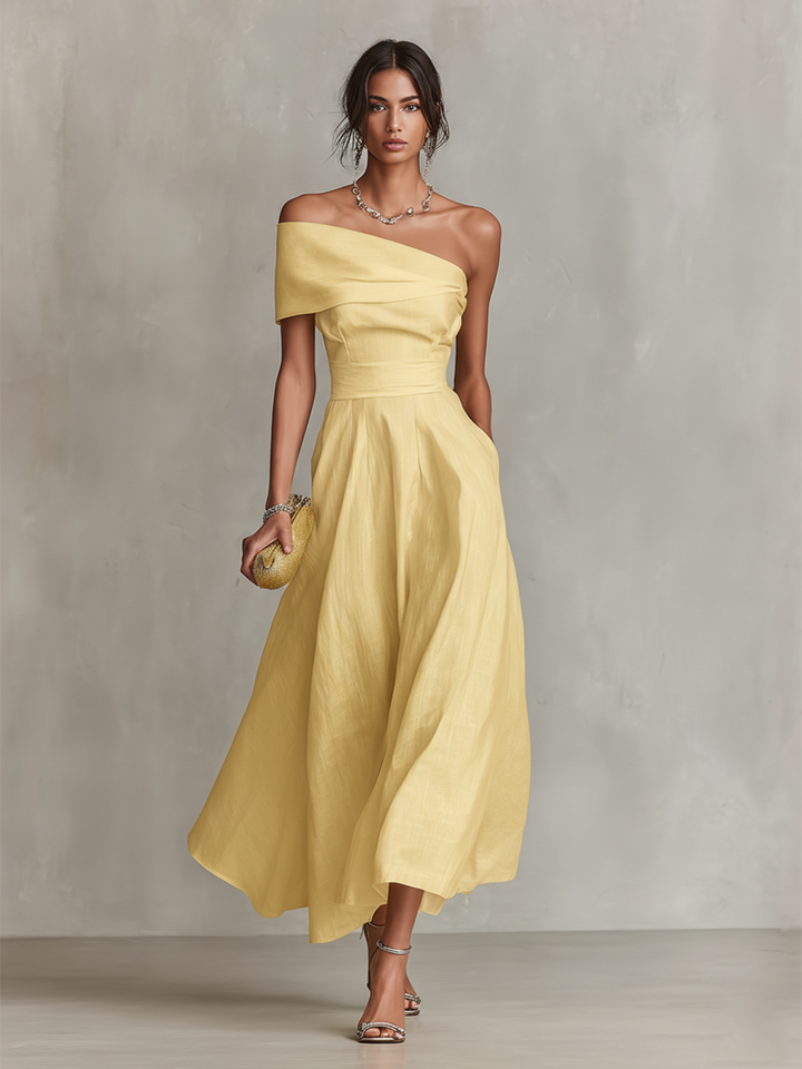 Soleil Yellow Linen One-Shoulder Fitted Waist Maxi Dress | Women&