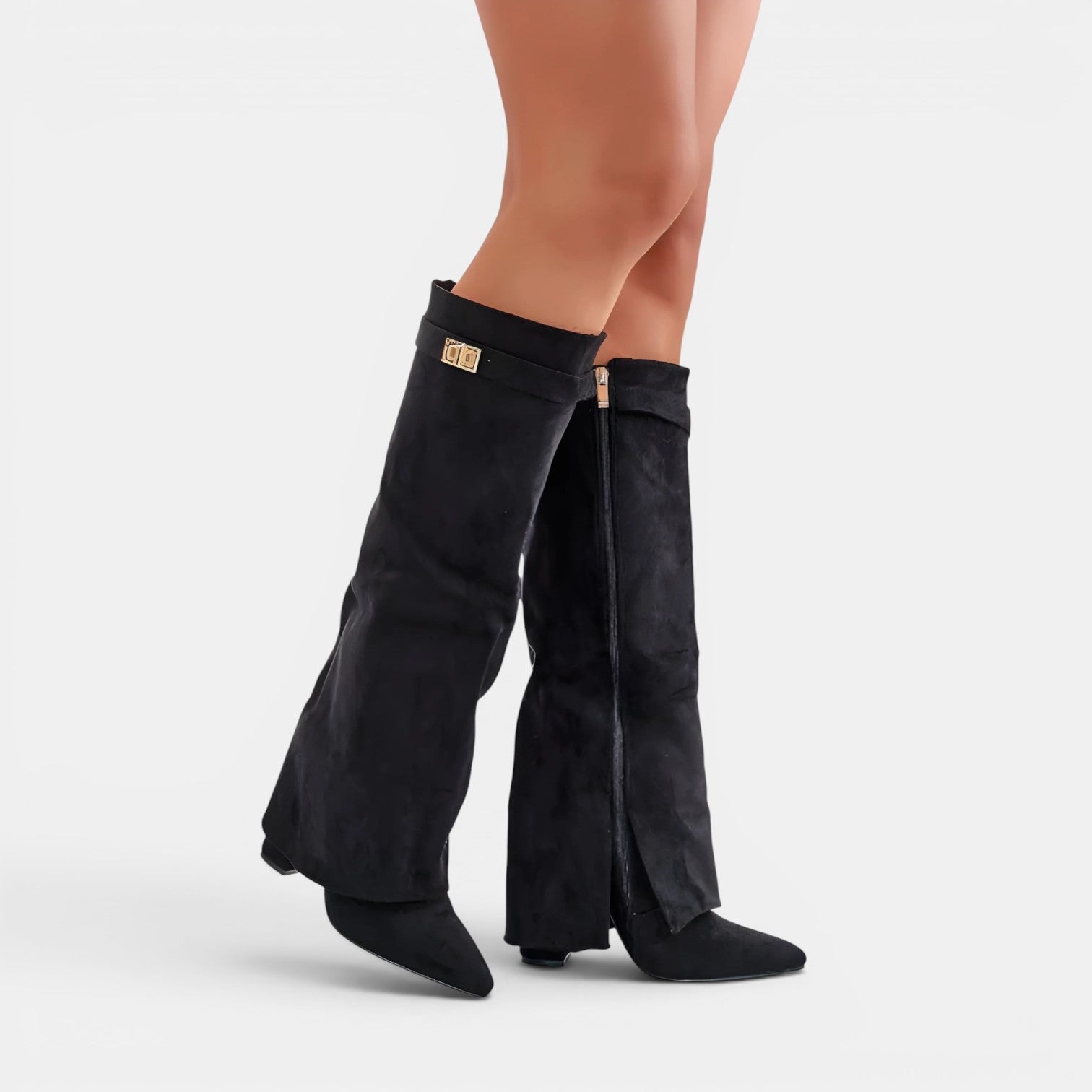 Navacava knee high boots front view — structured suede silhouette