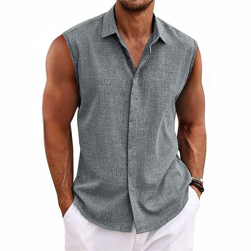 Ärmelloses Leinenhemd Herren Sommer Knopfleiste Casual