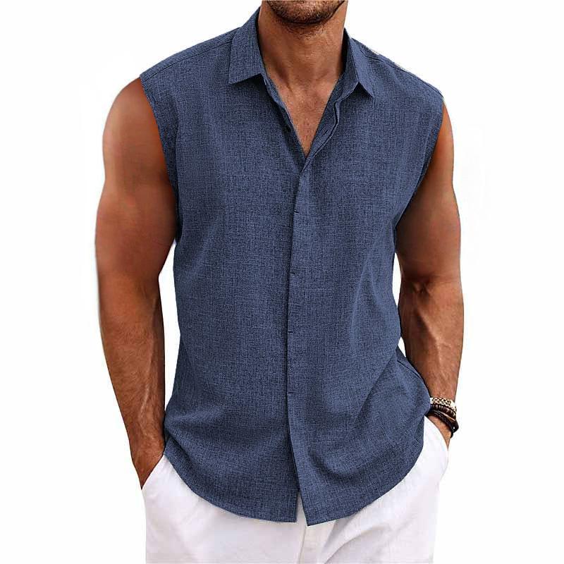 Ärmelloses Leinenhemd Herren Sommer Knopfleiste Casual