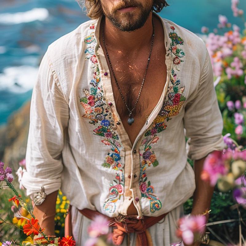 Boho Leinenhemd Herren Grandad Kragen Stickerei Sommer
