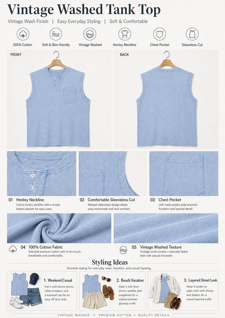 Vintage Washed Henley Tanktop Herren Baumwolle Ärmellos