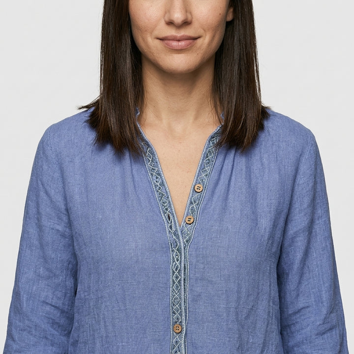 Bohemian long-sleeve blouse — On Model - Close-up Detail | Generated by Modelize