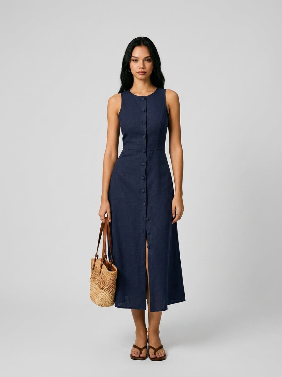 Sleeveless button-front midi dress — On Model - Neutral | Generated by Modelize