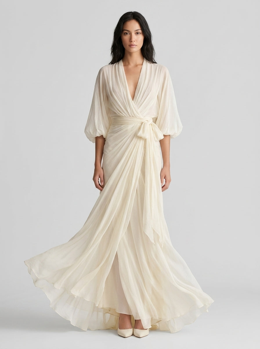Maxi Wrap Dress — On Model - Neutral | Generated by Modelize