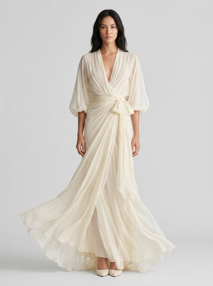 Maxi Wrap Dress — On Model - Neutral | Generated by Modelize