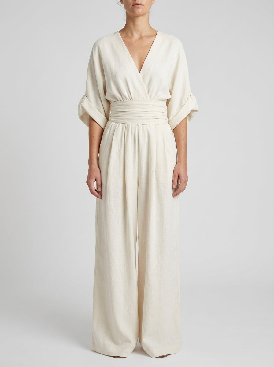 V-neck wide-leg jumpsuit — On Model - Neutral | Generated by Modelize