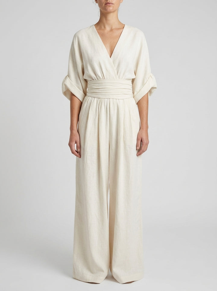 V-neck wide-leg jumpsuit — On Model - Neutral | Generated by Modelize