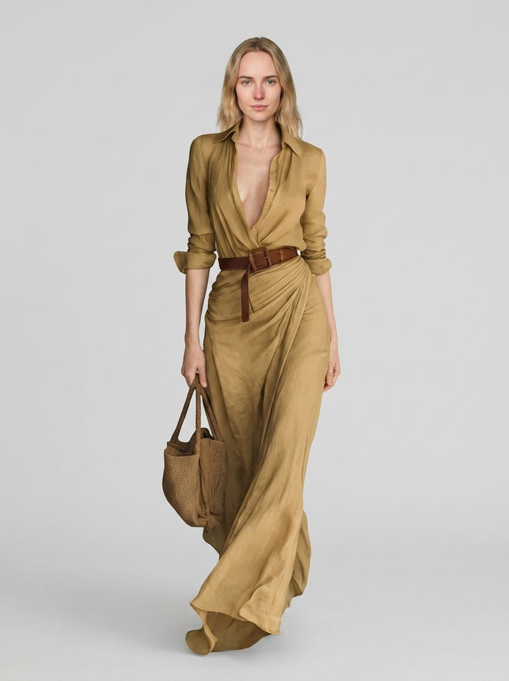 Maxi Wrap Dress — On Model - Neutral | Generated by Modelize