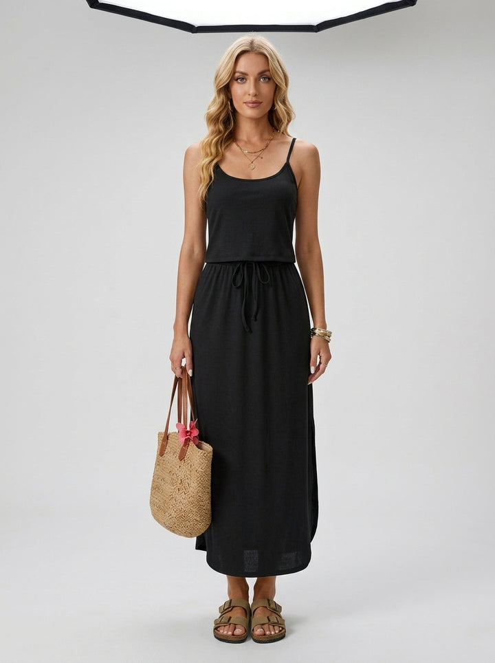 Ribbed Sleeveless Slit Hem Drawstring Dress — On Model - Neutral | Generated by Modelize