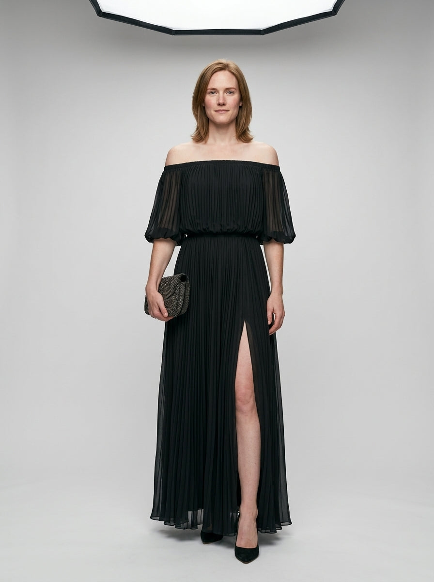 Off-shoulder pleated maxi dress — On Model - Neutral | Generated by Modelize