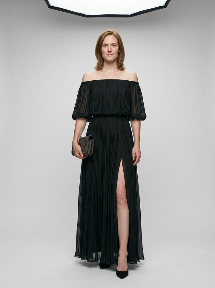 Off-shoulder pleated maxi dress — On Model - Neutral | Generated by Modelize