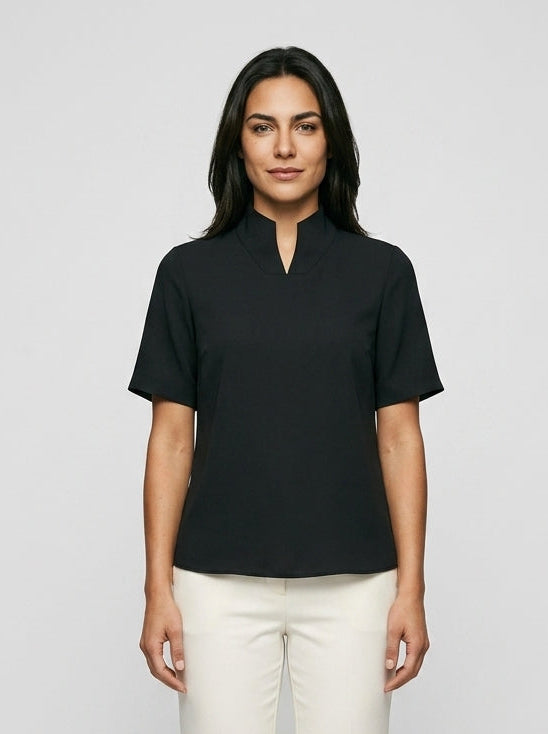 Short-sleeve stand-collar blouse — On Model - Neutral | Generated by Modelize