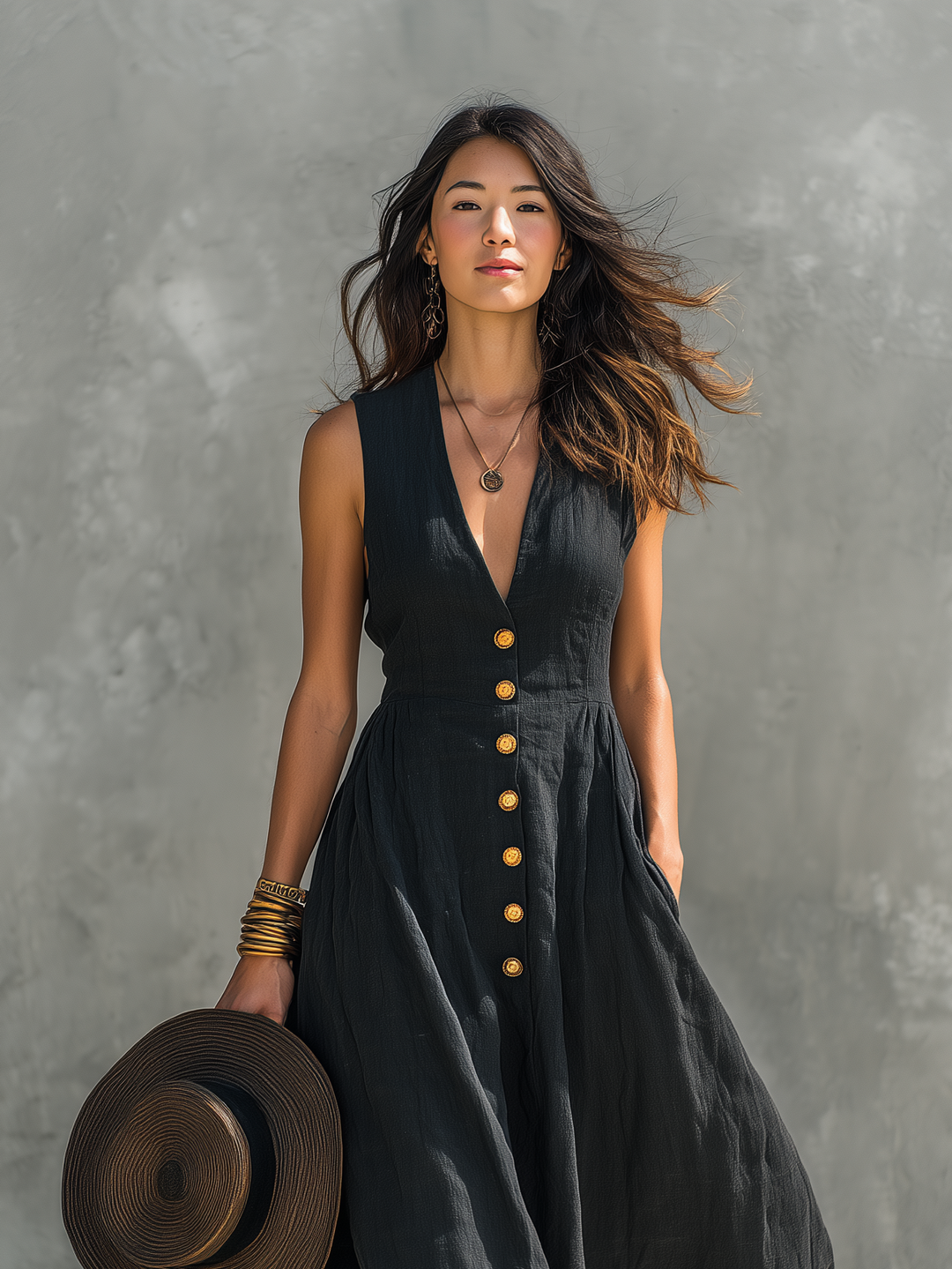 Ember Cotton-Linen V-Neck Sleeveless Maxi Dress | Women&