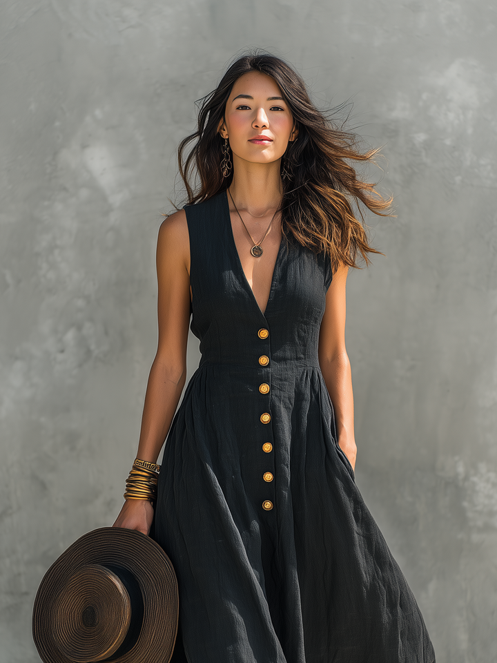 Ember Cotton-Linen V-Neck Sleeveless Maxi Dress | Women&